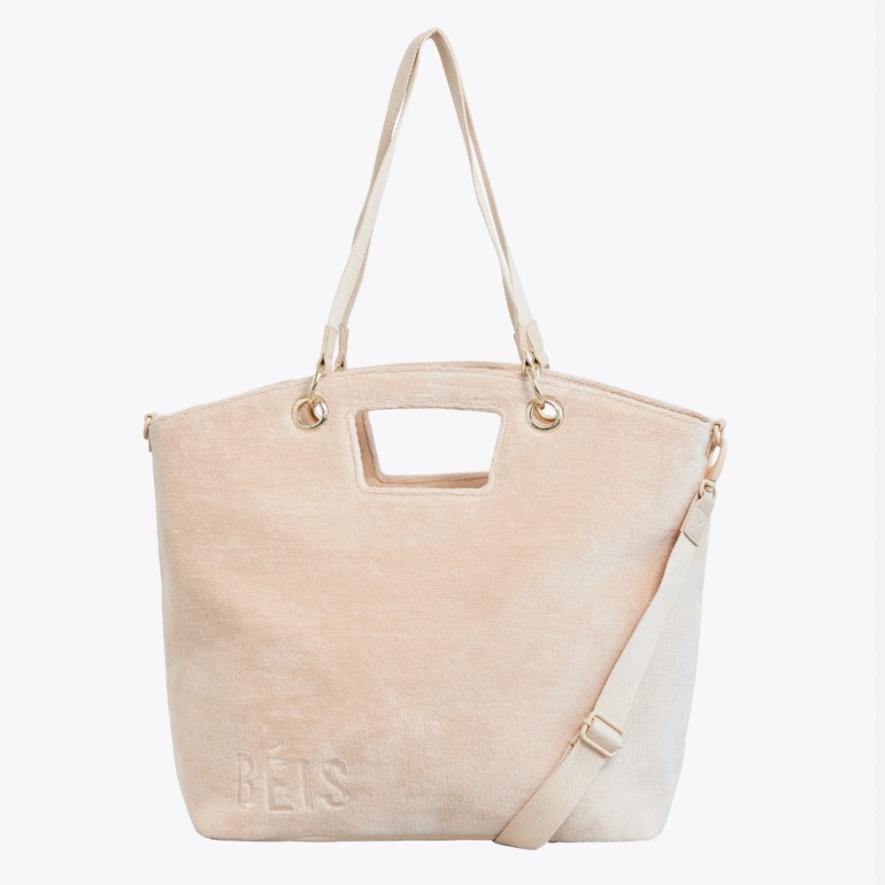 Beis Terry Tote in beige. Short straps and long straps included.
